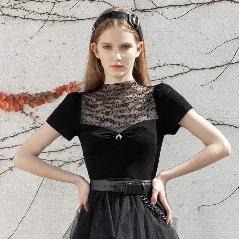 Damen Goth kurzärmelige schwarze Spitzenoberteile