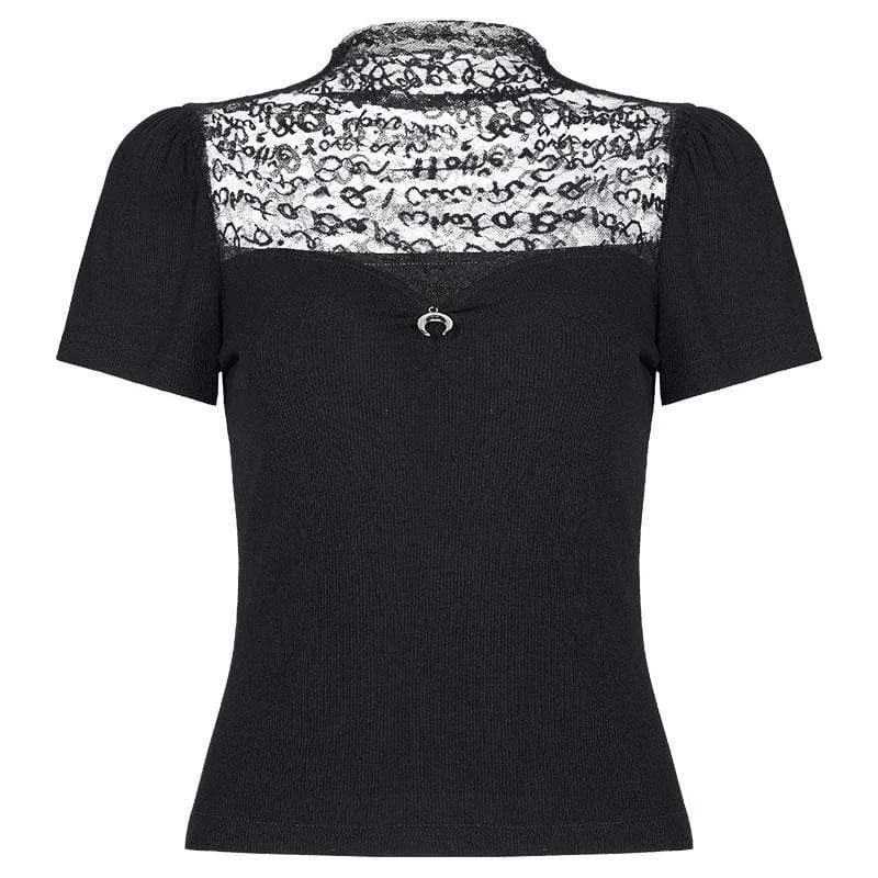 Damen Goth kurzärmelige schwarze Spitzenoberteile