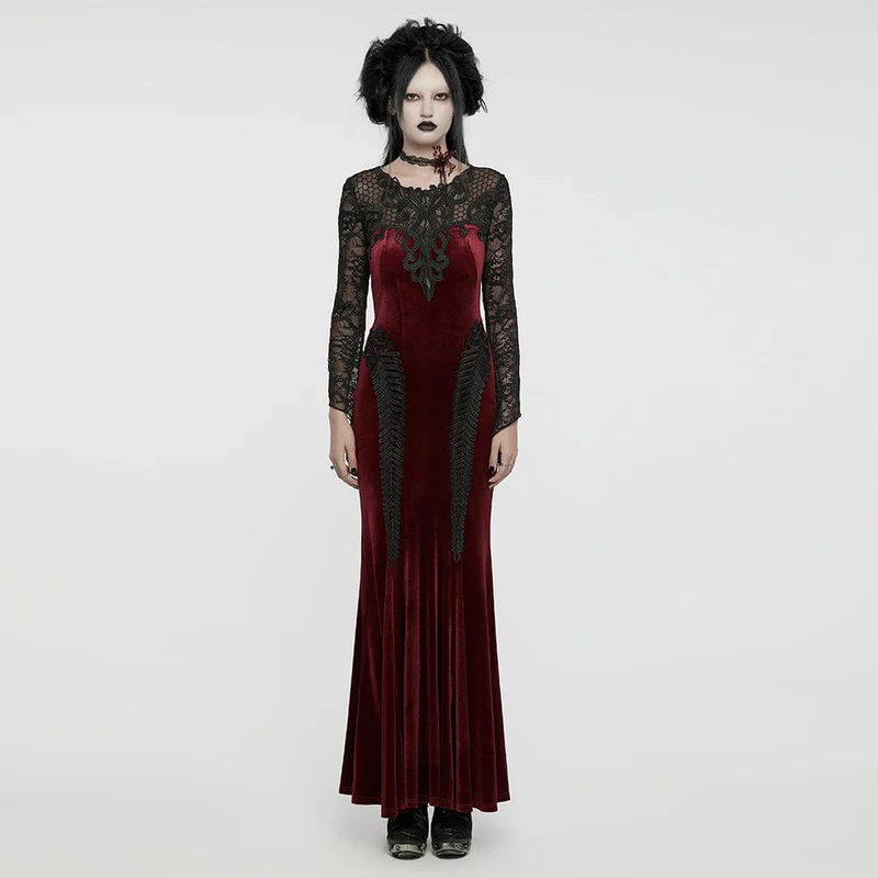 Gothic-Abendkleid mit Spitzeneinsatz, Samt, Meerjungfrauenschnitt, rot