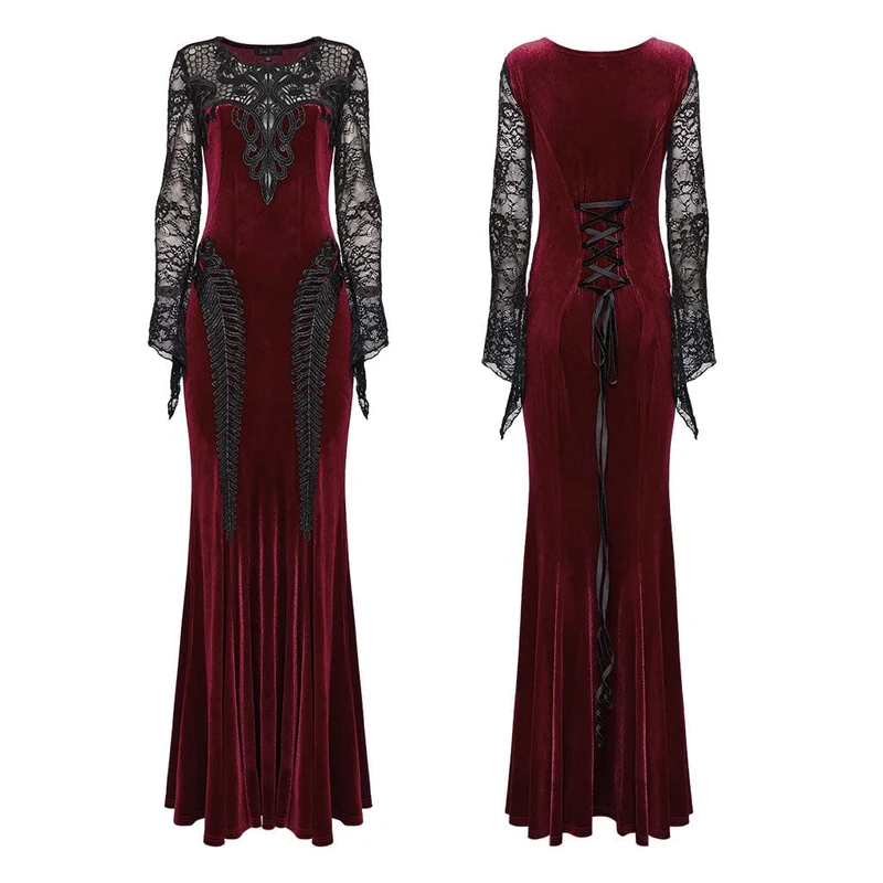 Gothic-Abendkleid mit Spitzeneinsatz, Samt, Meerjungfrauenschnitt, rot