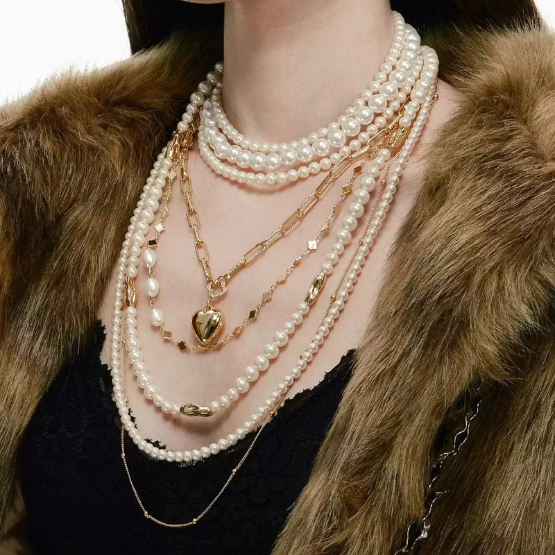 Grunge-Perlenkette mit mehreren Lagen und Herzmotiv für Damen