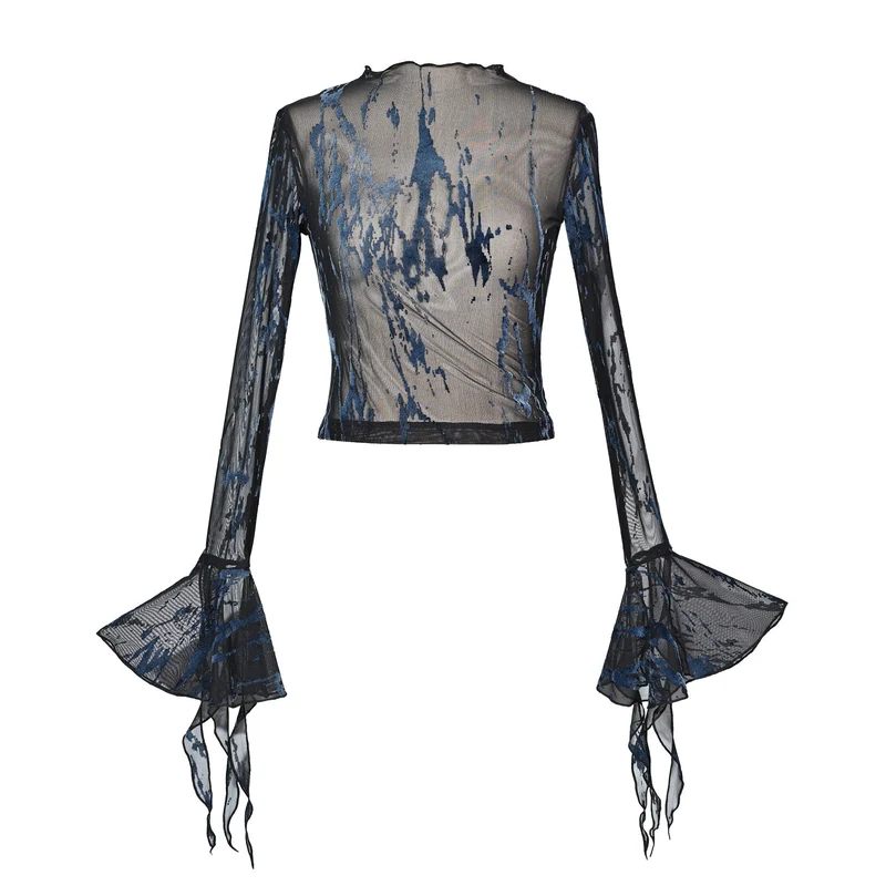 Mesh long sleeve chain print top