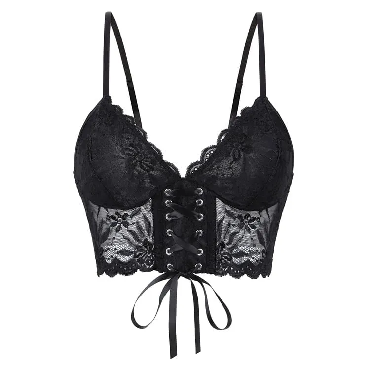Gothic-Bustier für Damen mit Blumenmuster, Schnürung und Mesh-Einsätzen