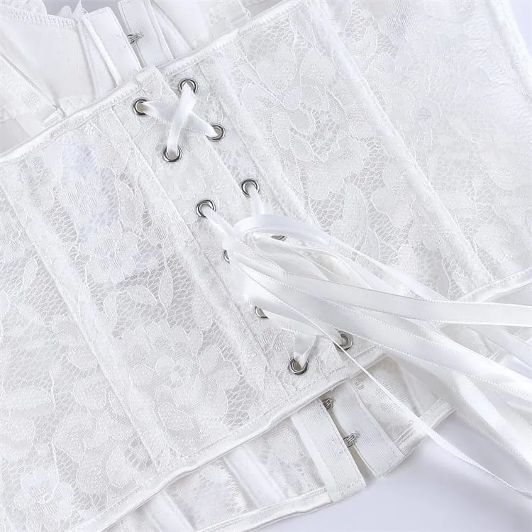Gothic-Korsett für Damen mit Rüschen, Blumenmuster und Netzstoff über der Brust