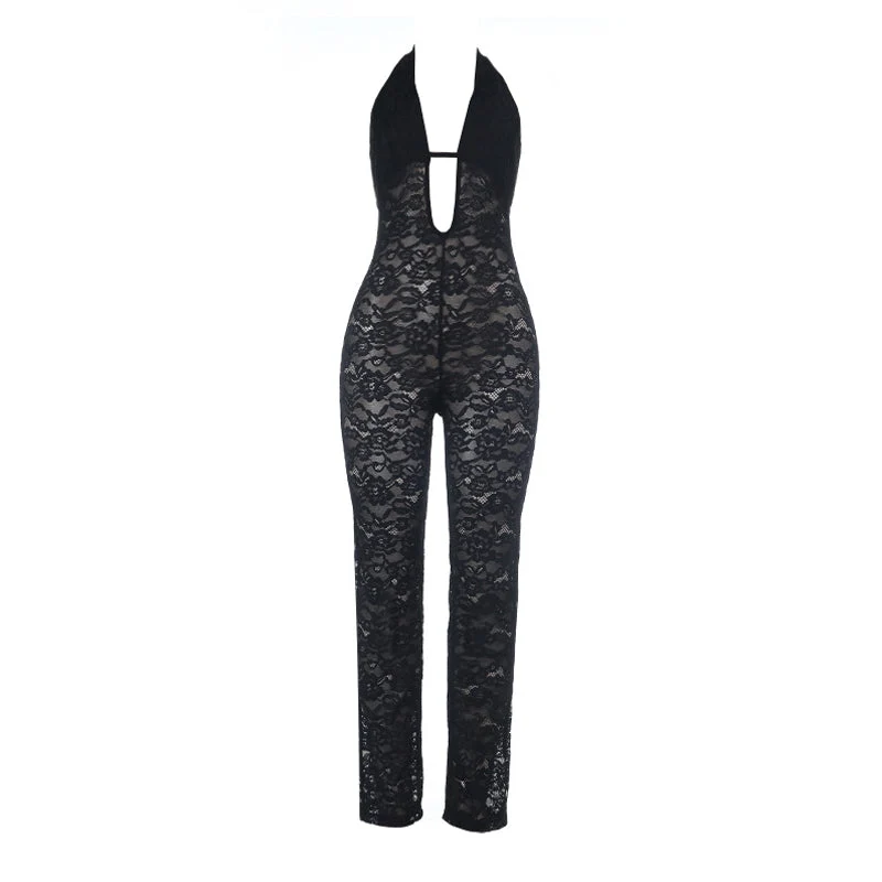 Lace cut out halter backless jumpsuit
