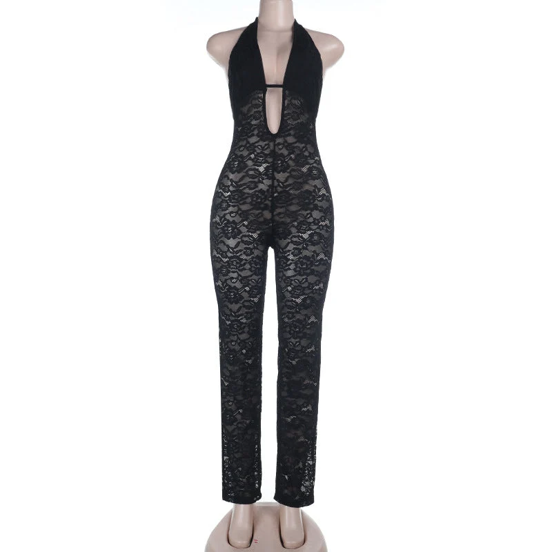 Lace cut out halter backless jumpsuit