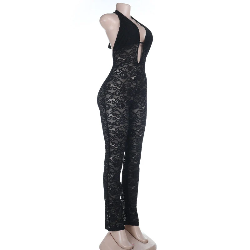 Lace cut out halter backless jumpsuit