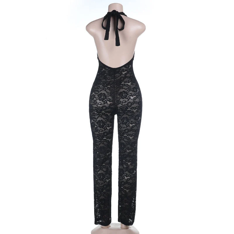 Lace cut out halter backless jumpsuit