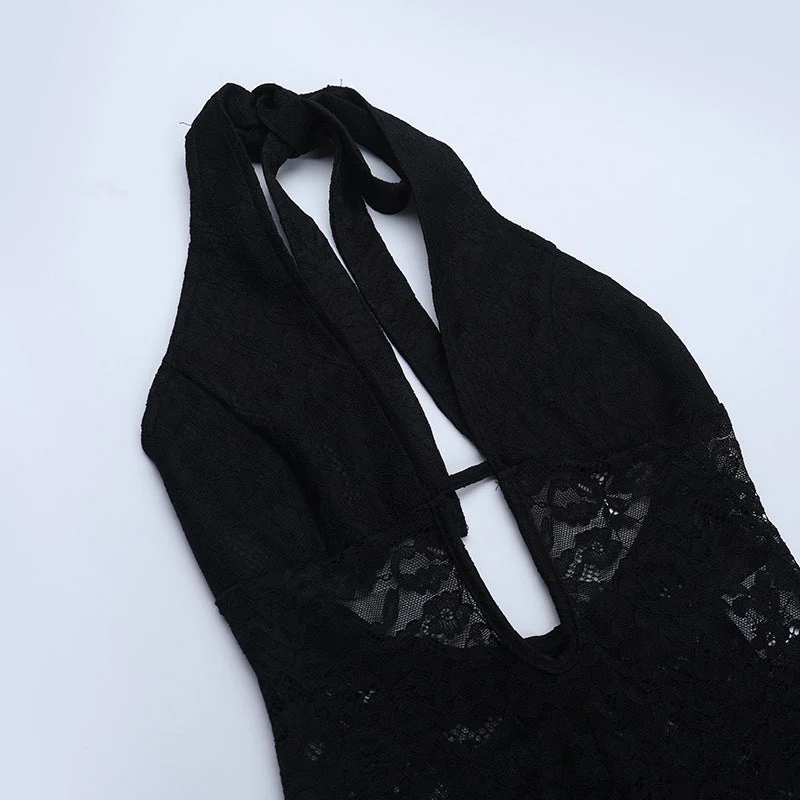 Lace cut out halter backless jumpsuit