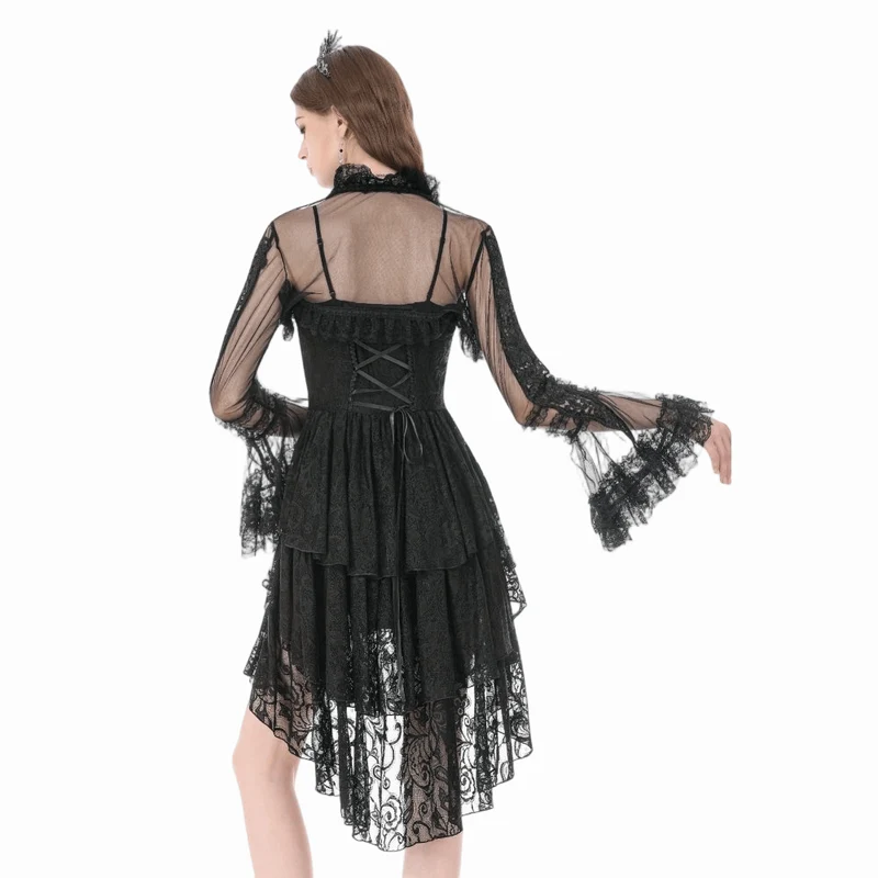 Gothic-Umhang für Damen mit Rüschen, hohem Kragen, ausgestellten Ärmeln und Netzstoff