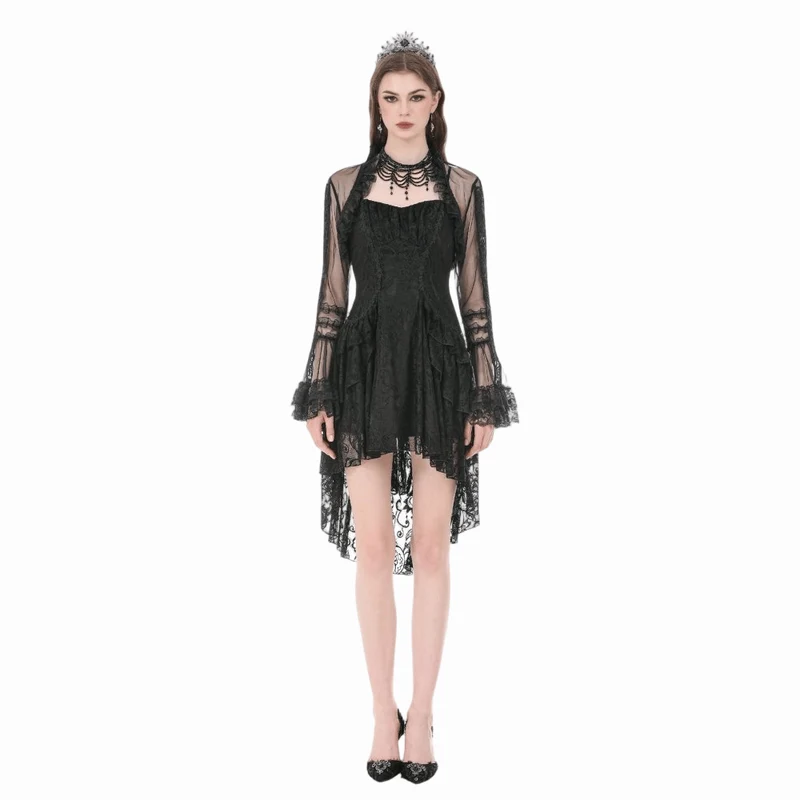 Gothic-Umhang für Damen mit Rüschen, hohem Kragen, ausgestellten Ärmeln und Netzstoff