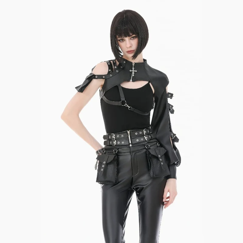 Punk-Cape für Damen mit asymmetrischem Ösenverschluss, Schnallenriemen und Cut-out-Details