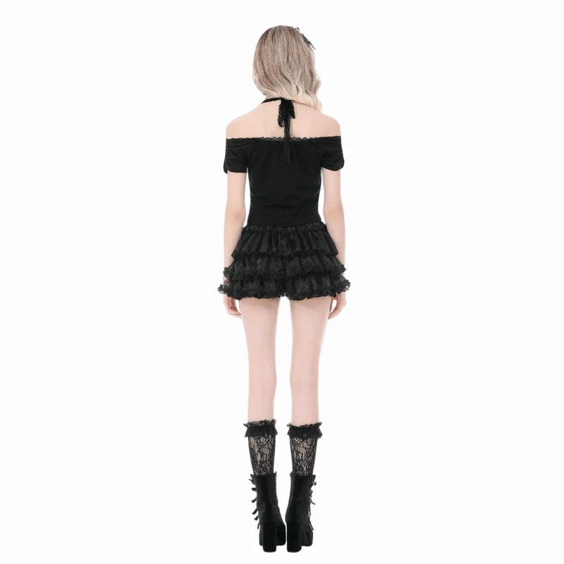 Gothic-Shorts für Damen mit Schleife, Spitzenbesatz und Stufenrock