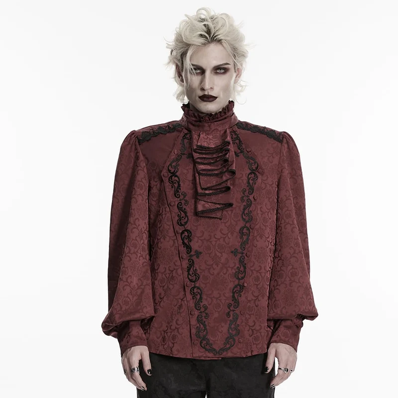 Herrenhemd im Gothic-Stil mit Stehkragen, Stickerei und abnehmbarer Krawatte, rot