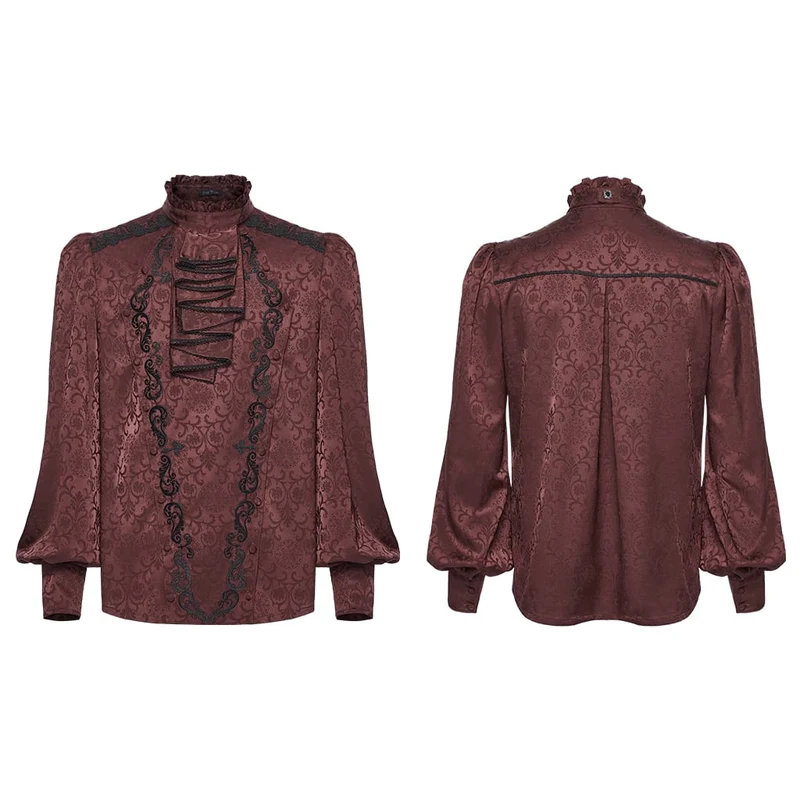 Herrenhemd im Gothic-Stil mit Stehkragen, Stickerei und abnehmbarer Krawatte, rot