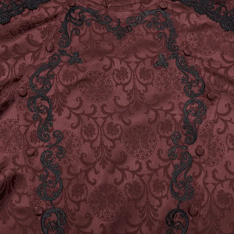 Herrenhemd im Gothic-Stil mit Stehkragen, Stickerei und abnehmbarer Krawatte, rot
