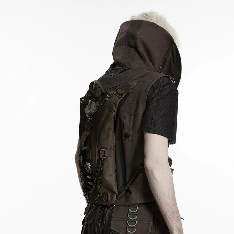 Punk-Rucksack für Herren mit Nieten, Totenköpfen und Kette, Kaffeebraun