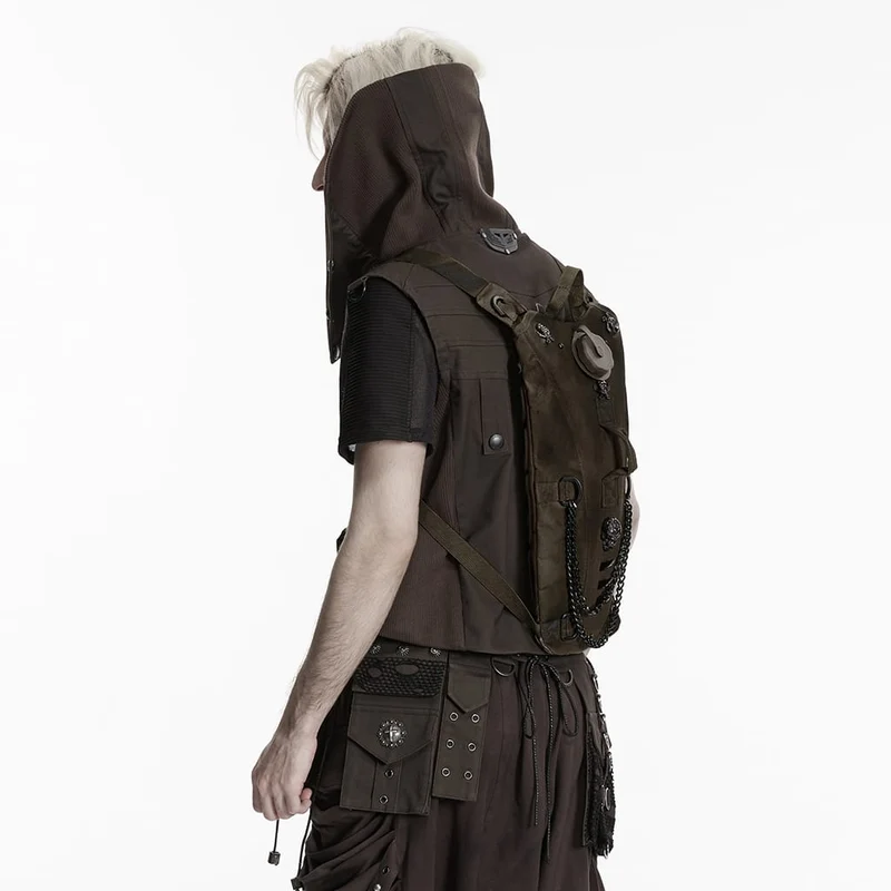 Punk-Rucksack für Herren mit Nieten, Totenköpfen und Kette, Kaffeebraun
