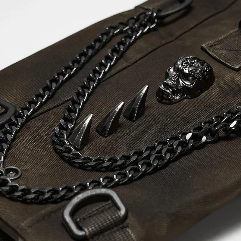 Punk-Rucksack für Herren mit Nieten, Totenköpfen und Kette, Kaffeebraun