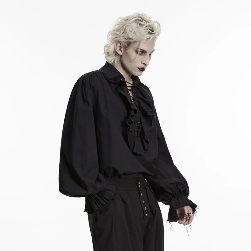Schwarzes Gothic-Herrenhemd mit Schnürung, Rüschen und Bischofsärmeln