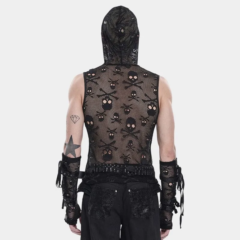 Punk-Tanktop für Herren mit Totenkopf-Kapuze und Mesh-Einsatz
