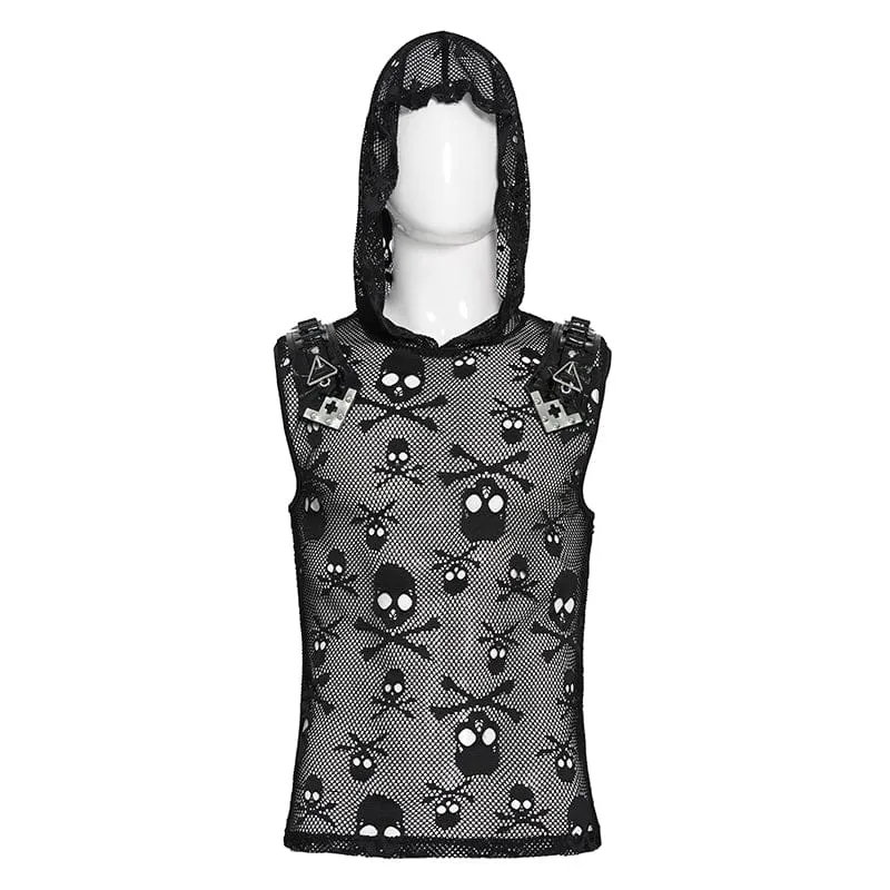 Punk-Tanktop für Herren mit Totenkopf-Kapuze und Mesh-Einsatz