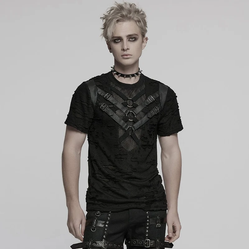 Herren Punk Ripped Mesh Splice Strap T-Shirt