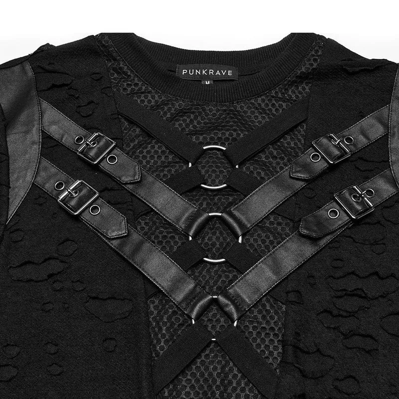 Herren Punk Ripped Mesh Splice Strap T-Shirt