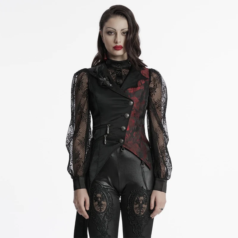 Gothic-Weste für Damen mit asymmetrischem Blumenmuster, Fledermauskragen und abnehmbarer Brosche