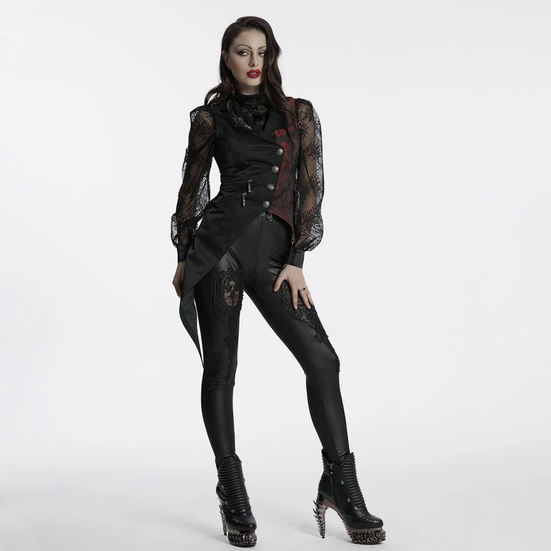 Gothic-Weste für Damen mit asymmetrischem Blumenmuster, Fledermauskragen und abnehmbarer Brosche