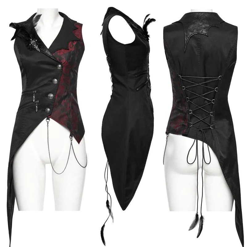 Gothic-Weste für Damen mit asymmetrischem Blumenmuster, Fledermauskragen und abnehmbarer Brosche