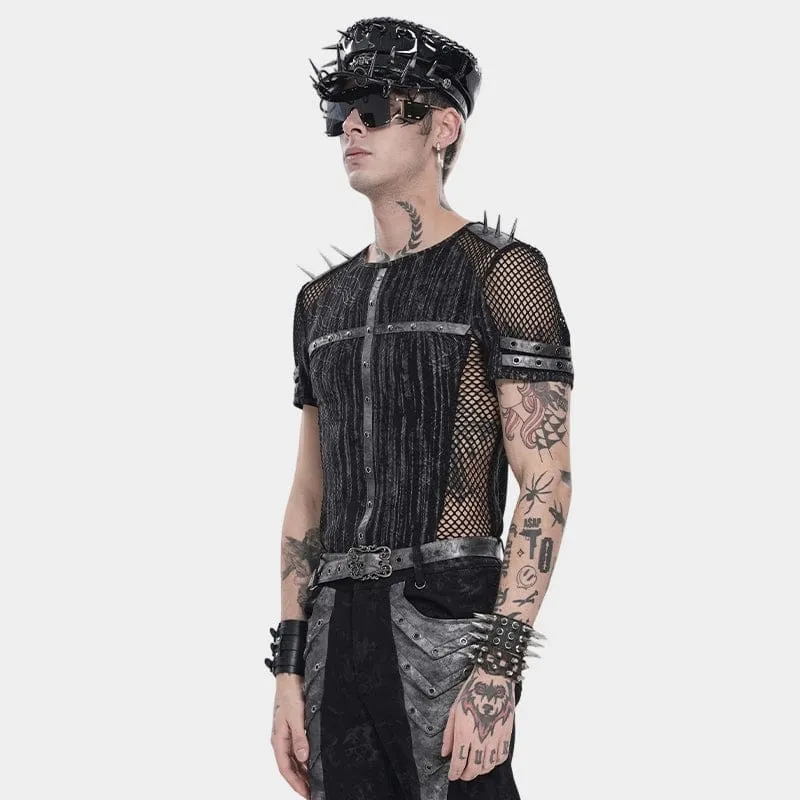 Punk-Herren-Kurzarmshirt mit Nieten und Mesh-Einsätzen
