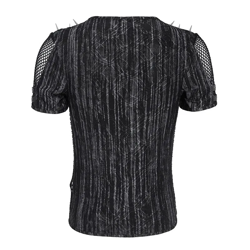 Punk-Herren-Kurzarmshirt mit Nieten und Mesh-Einsätzen