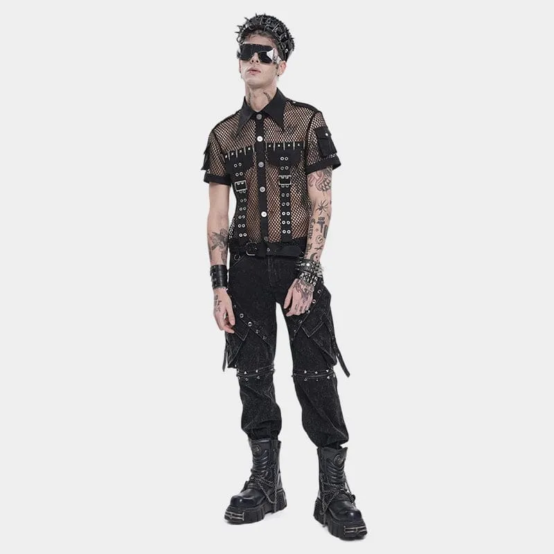 Punk-Meshhemd für Herren mit kleinen Taschen, Bullet & Rivet-Print