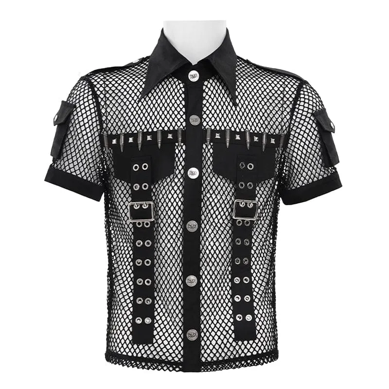 Punk-Meshhemd für Herren mit kleinen Taschen, Bullet & Rivet-Print