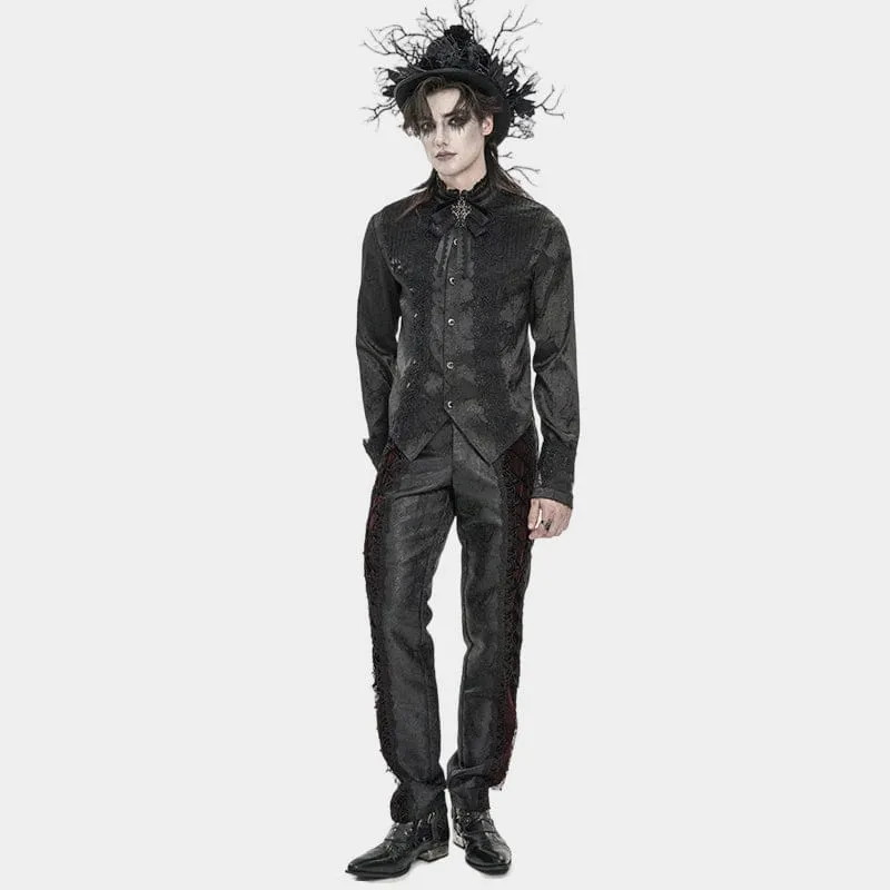 Schwarzes Herrenhemd mit Stehkragen und Gothic-Jacquard-Muster.