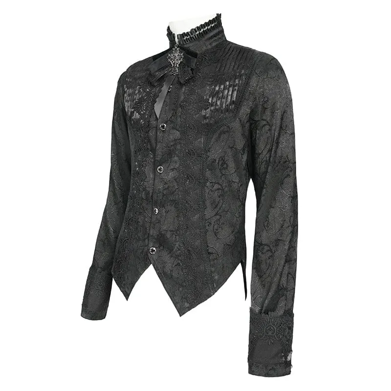 Schwarzes Herrenhemd mit Stehkragen und Gothic-Jacquard-Muster.