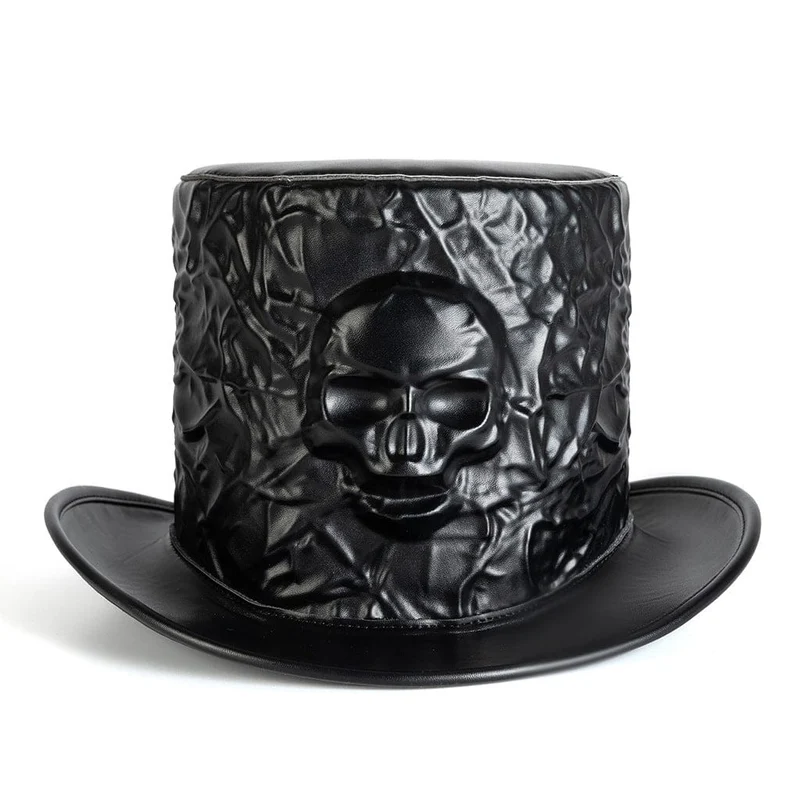 Unisex Gothic Zylinder mit Totenkopfprägung und Knittereffekt
