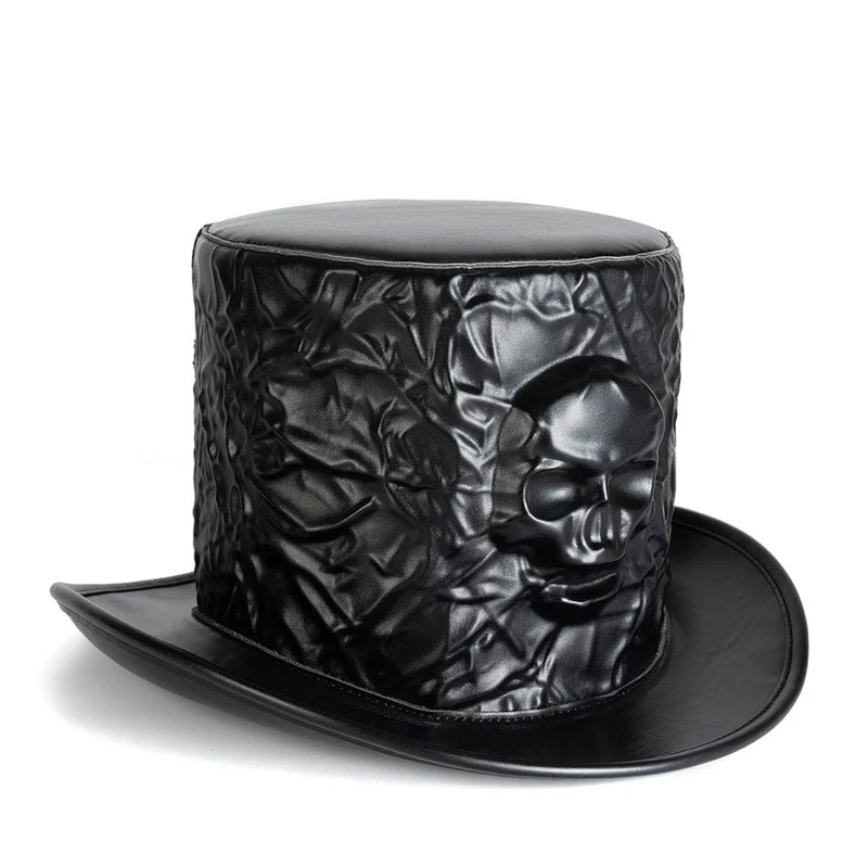 Unisex Gothic Zylinder mit Totenkopfprägung und Knittereffekt