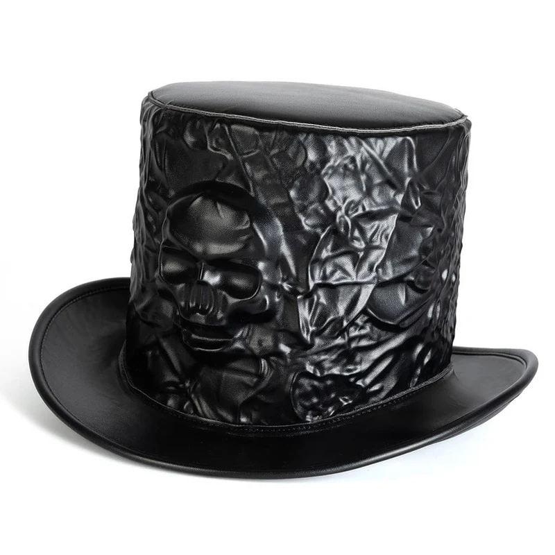 Unisex Gothic Zylinder mit Totenkopfprägung und Knittereffekt