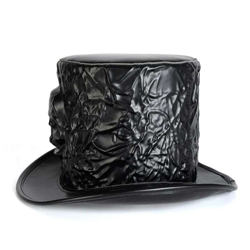Unisex Gothic Zylinder mit Totenkopfprägung und Knittereffekt