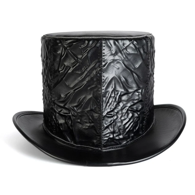 Unisex Gothic Zylinder mit Totenkopfprägung und Knittereffekt