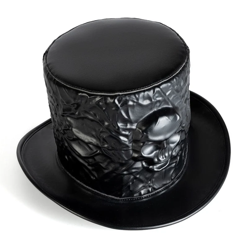 Unisex Gothic Zylinder mit Totenkopfprägung und Knittereffekt