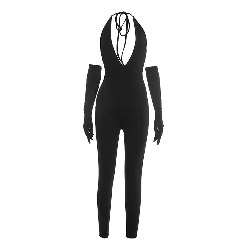 Halter self tie deep v neck backless jumpsuit