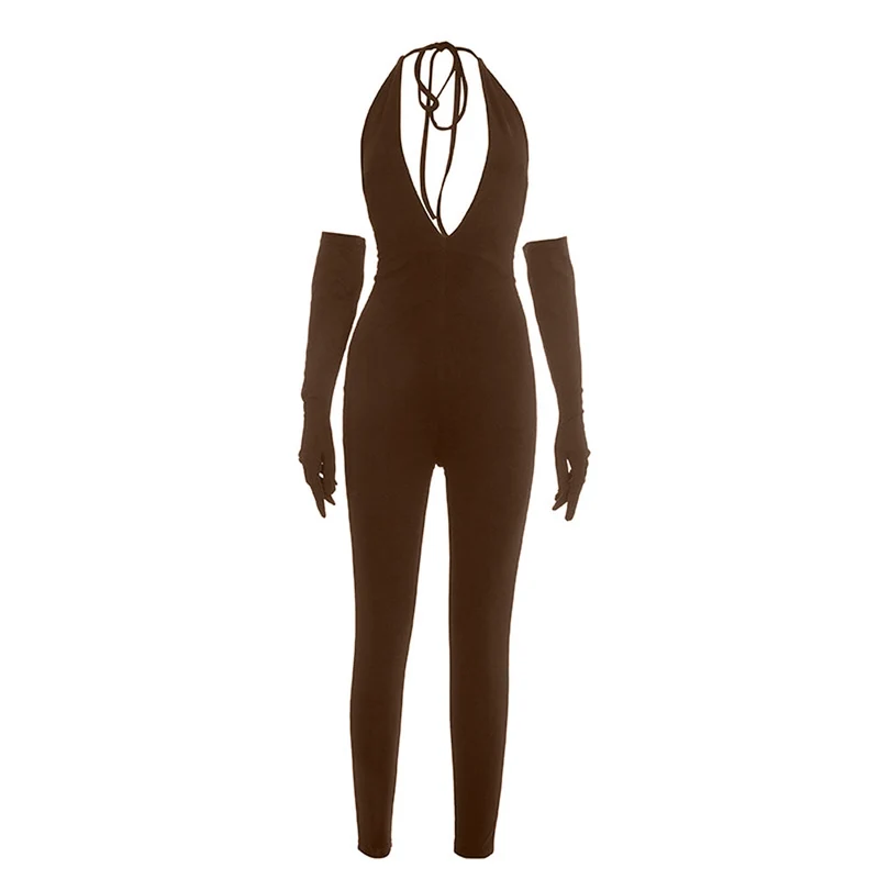 Halter self tie deep v neck backless jumpsuit