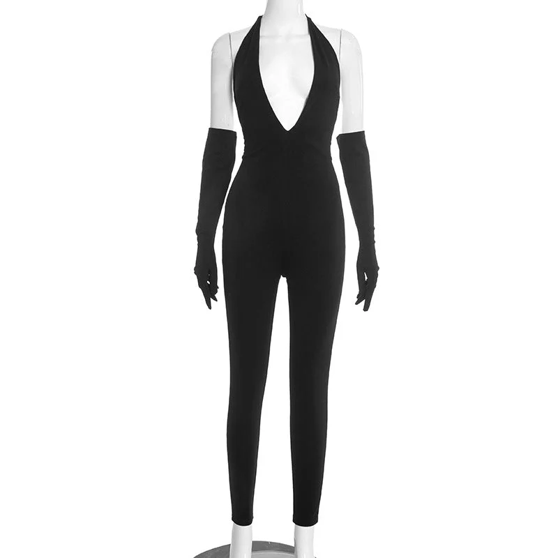 Halter self tie deep v neck backless jumpsuit