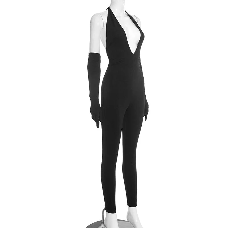 Halter self tie deep v neck backless jumpsuit