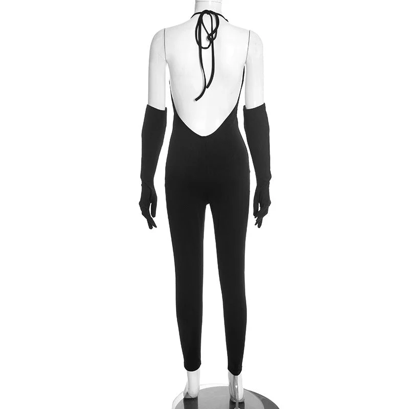 Halter self tie deep v neck backless jumpsuit
