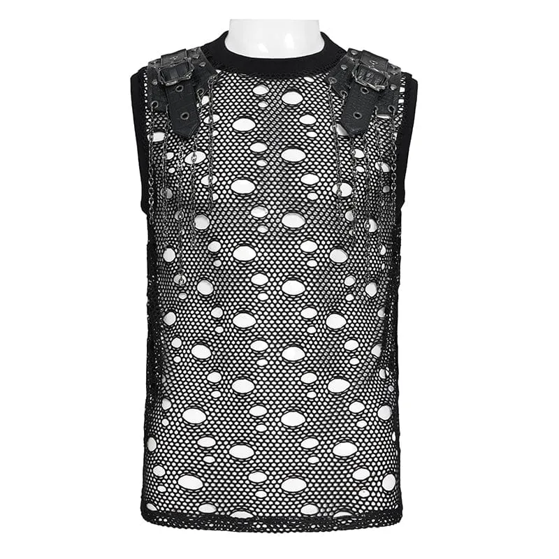 Punk-Tanktop für Herren mit Cut-out-Ketten und Netzstoff