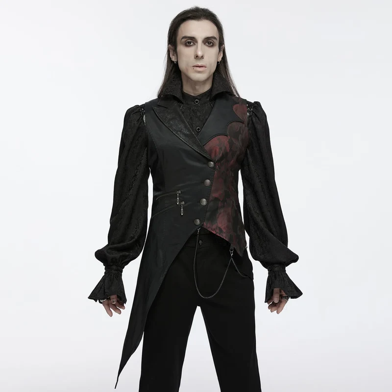 Gothic-Weste für Herren mit asymmetrischem Blumenmuster, Fledermauskragen und abnehmbarer Brosche
